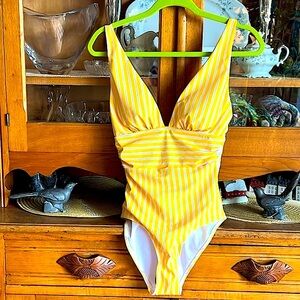 Trendy, Playful and Bold SHEIN Yellow Striped Plunged Neckline Swimsuit NWOT